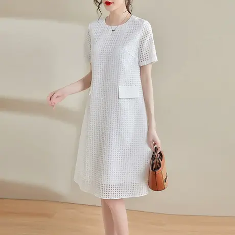 水墨青华夏季新品时尚中长款短袖裙简约百搭白色宽松连衣裙商品大图