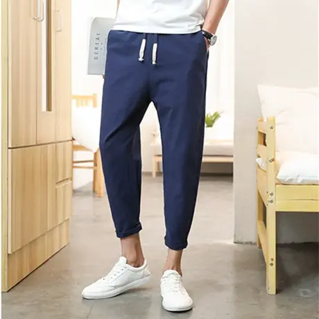 2条】裤子男韩版春秋夏季宽松长裤男士工装亚棉麻小脚休闲九分裤商品大图