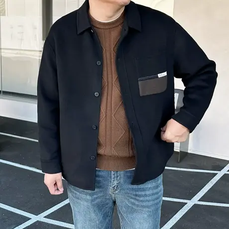 2023冬季新款休闲韩版潮胖子加肥加大码男士短款翻领双面毛呢外套商品大图