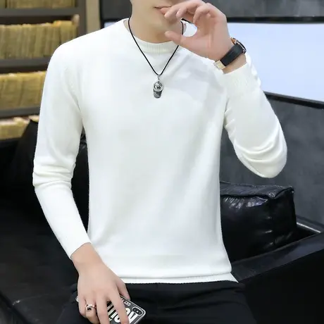 男士薄款毛衣春秋冬季圆领长袖线衣纯白色打底衫外套上衣针织衫潮商品大图