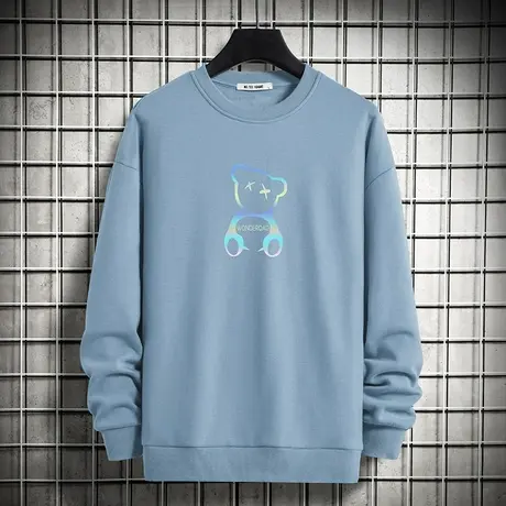 小熊卫衣男春秋款潮牌潮流ins加绒圆领蓝色套头无帽秋冬季长袖t恤商品大图