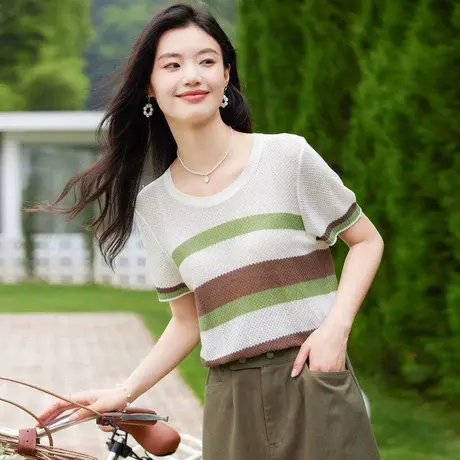 时尚气质短袖针织衫2023年夏季新款女士温柔圆领宽松显瘦通勤上衣商品大图