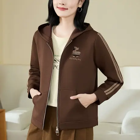 休闲连帽卫衣外套女春秋2024年新款美拉德色系中年女士休闲上衣潮商品大图