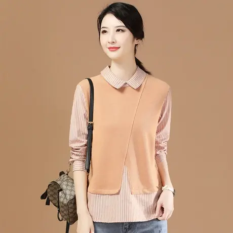 假两件中长款娃娃领套头卫衣女2024春季新款薄款条纹宽松粉色上衣图片