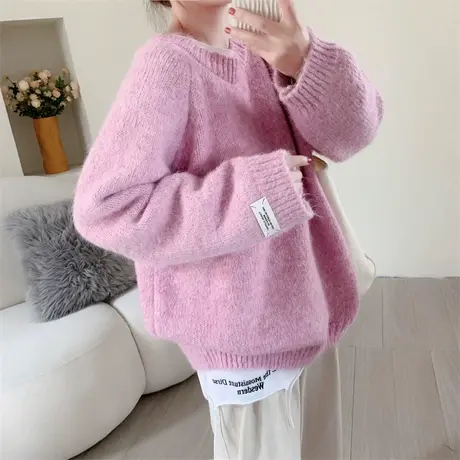 慵懒风圆领套头毛衣女秋冬新款韩版宽松大码软糯百搭保暖打底上衣商品大图
