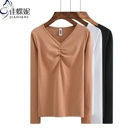 春秋季女士V领t恤打褶设计感纯色长袖百搭打底衫韩版修身上衣纯棉图片