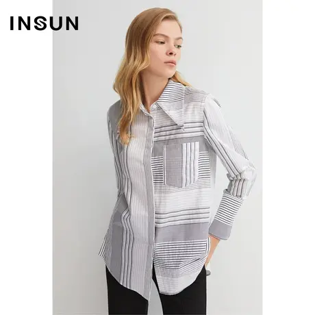 INSUN恩裳夏季条纹拼接直身H型衬衫图片
