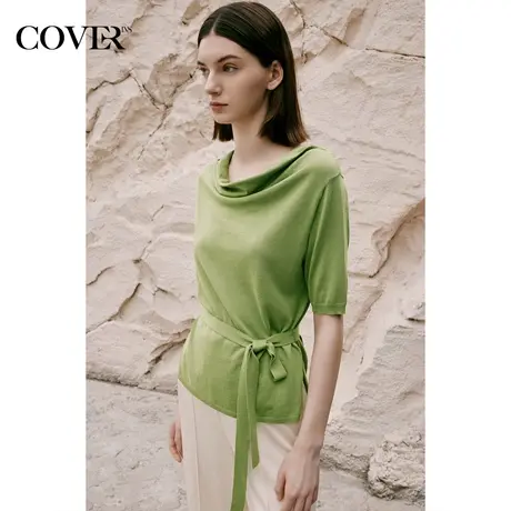 COVER夏季垂褶领侧开叉桑蚕丝针织衫商品大图