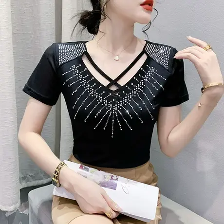 欧货网纱短袖上衣女性感镂空V领气质T恤修身显瘦烫钻小衫百搭体恤商品大图