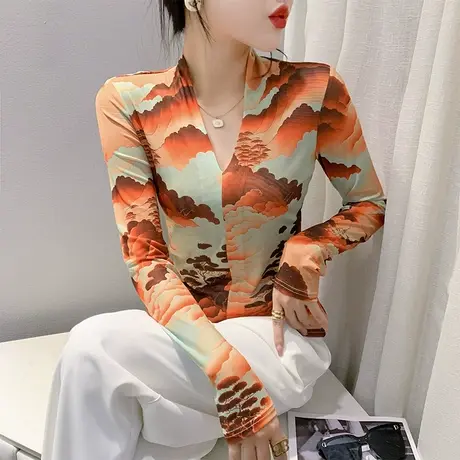性感网纱T恤女长袖气质减龄扎染印花V领上衣洋气修身透气秋打底衫商品大图