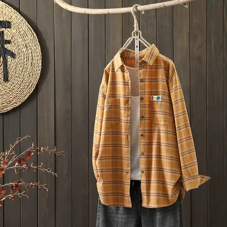 枫谜2021年秋装新款文艺简约棉格子衬衫女宽松显瘦休闲贴标衬衣图片