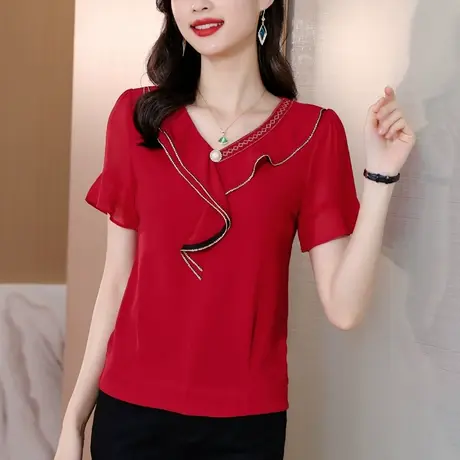 夏季2023新款大码V领荷叶边雪纺衬衫女遮肚显瘦洋气短袖t恤女上衣图片