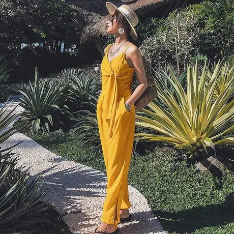 弥古黄色吊带连体裤套装夏雪纺连衣裤束脚灯笼裤度假沙滩长裤薄款商品大图