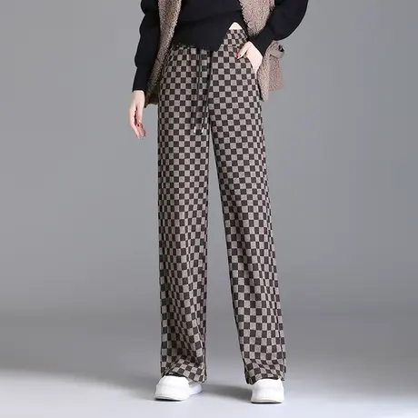 洋气格子长裤阔腿裤女秋季2023新款松紧高腰垂感显瘦直筒裤休闲裤商品大图