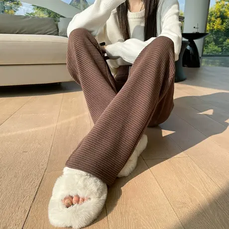 咖啡色针织阔腿裤女2023新款秋冬高腰垂感显瘦松紧腰窄版直筒裤子商品大图