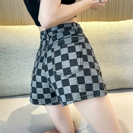 棋盘格牛仔短裤女2024夏季新款高腰a字遮肉宽松显瘦百搭阔腿热裤商品大图