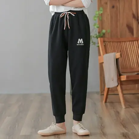 dza 高腰显瘦灰色运动裤子女士春秋长裤束腿卫裤宽松直筒休闲女裤图片