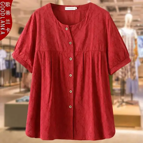 40-50岁中年妈妈夏装纯棉衬衫女大码宽松遮肚时尚提花短袖T恤上衣商品大图