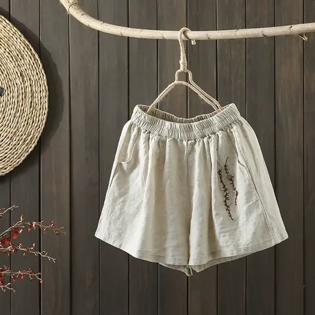 枫谜2021年夏季新款文艺复古刺绣棉麻短裤女宽松显瘦亚麻阔腿短裤图片