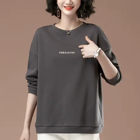 薄款圆领卫衣女春秋宽松加肥加大码女装中年妈妈休闲减龄显瘦上衣商品大图