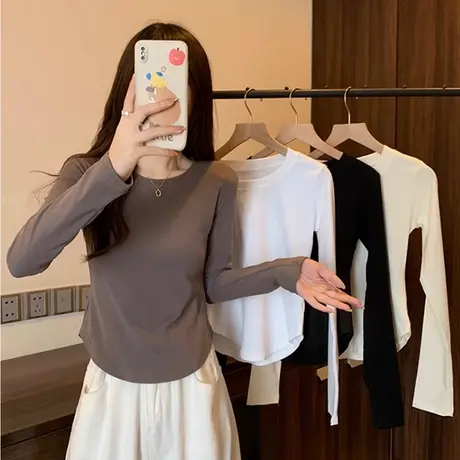 chic韩版百搭套头圆领打底衫长袖T恤女春秋不规则弧形收腰上衣ins商品大图