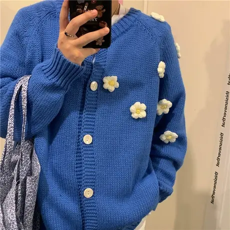 红续蓝色开衫粗线毛衣针织外套女外穿宽松复古港风秋冬慵懒风上衣商品大图