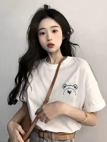 夏季美式卡通短袖t恤女宽松学生半袖2023年潮牌洋仿棉上衣体恤商品大图