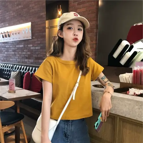 纯色修身露脐泫雅风短款上衣配高腰裤高腰网红短袖t恤女ins潮超火商品大图