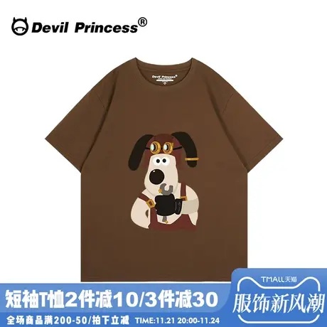 ulzzang小众美式复古风大版宽松咖啡色短袖t恤女卡通超火半袖上衣图片