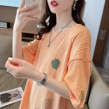 小众设计感短袖t恤女夏装韩版宽松大码中长款小个子肌理感上衣服图片