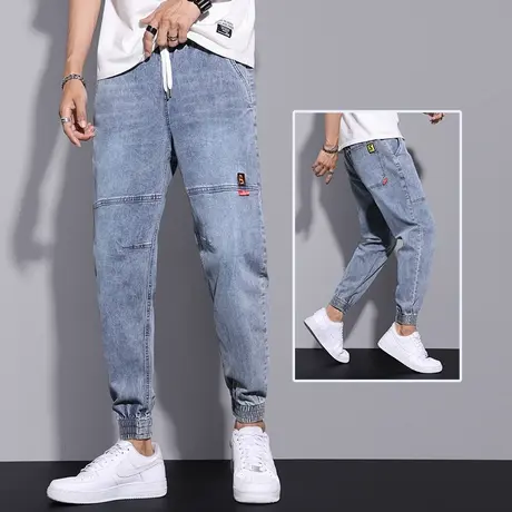 男士牛仔裤束脚春季2024年新款潮牌休闲长裤子男裤春秋款高端拼接商品大图
