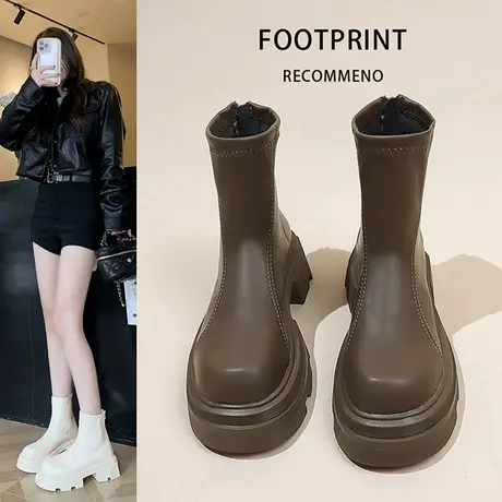 厚底黑色马丁靴女鞋2023年新款秋冬季小个子炸街小众短靴骑士女靴商品大图