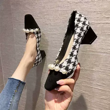 粗跟高跟鞋女小香风2024年新款百搭法式珍珠格子不累脚方头单鞋春商品大图