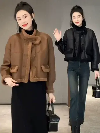 欧洲站冬季2023新款时尚复古软软皮毛一体加厚机车风短款外套女潮商品大图