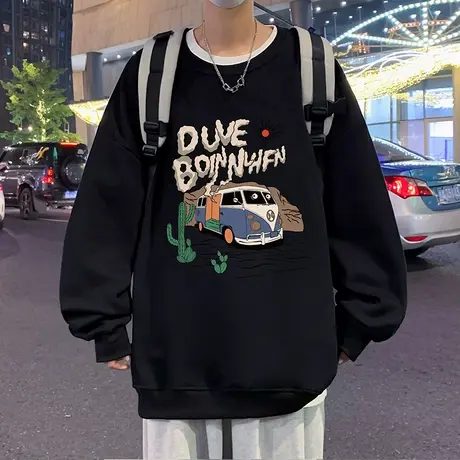 国潮复古印花圆领卫衣男女春秋季新款宽松oversize情侣无帽潮上衣商品大图