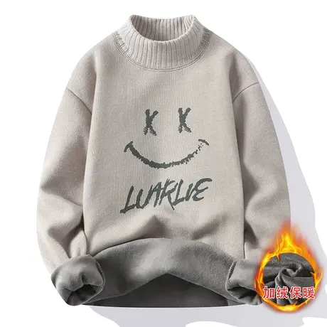 一体绒毛衣男学生笑脸宽松半高领加绒加厚冬天保暖衣服羊毛衫线衣商品大图