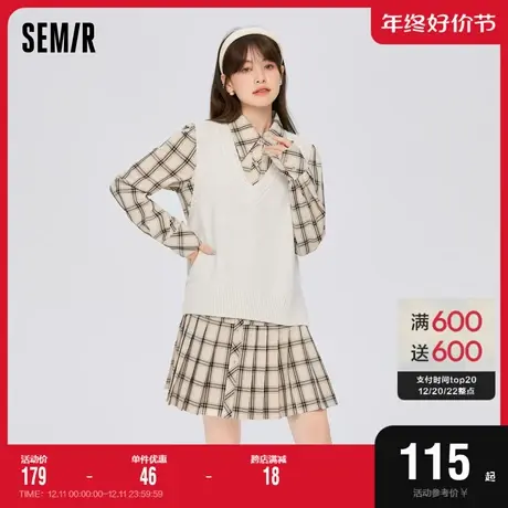 森马连衣裙女V领背心复古风格纹裙2022冬季新款套装裙文艺两件套图片