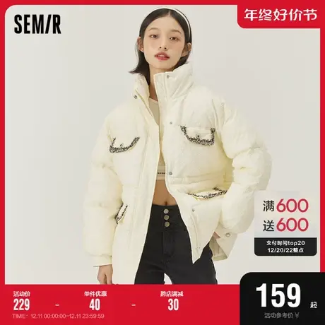 森马棉服女中长款立领2022冬季新款宽松千鸟格质感棉袄小香风时尚图片