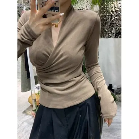 交叉设计感小众V领长袖T恤女秋冬韩版修身显瘦性感小心机德绒上衣商品大图