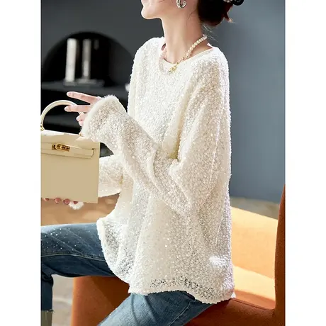 宝诗黎圆领亮片宽松雪纺小衫女时尚减龄2025春季新款洋气套头上衣商品大图