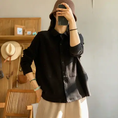 dza 复古纯色棉质双面德绒内搭衬衫女士秋冬打底上衣宽松长袖衬衣图片
