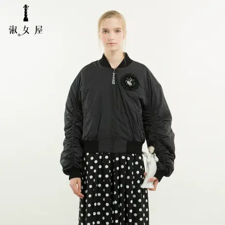 淑女屋女装冬季新款黑白格骑士夹克棉外套宽松两面穿夹克棉服图片