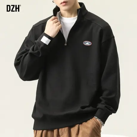 男士黑色纯棉polo衫男长袖高级感2024新款春季上衣男款半拉链卫衣商品大图