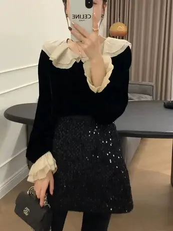 娃娃领金丝绒衬衫女春秋高级设计感小众气质法式别致内搭打底上衣图片