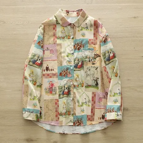 春秋季韩版文艺童趣漫画长袖格子衬衫女学生宽松百搭纯棉上衣外套图片