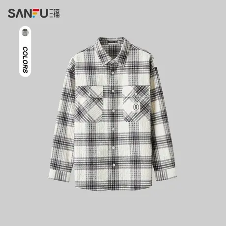三福2024春季男士泡泡格长衬衫 时尚休闲宽松翻领上衣男482597商品大图