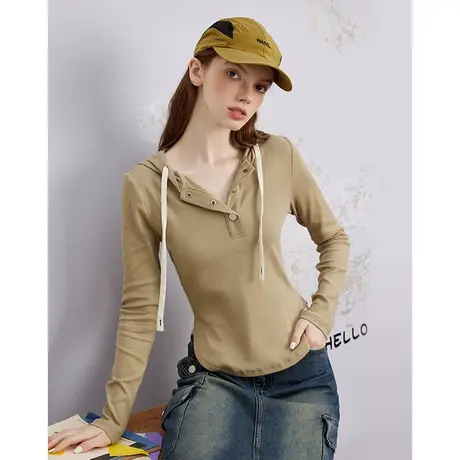 a022024春季新款撞色抽绳连帽上衣简约设计修身百搭女式T恤图片