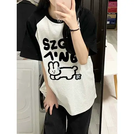 纯棉夏装插肩半袖T恤女百搭韩版宽松显瘦拼接撞色短袖上衣ins潮牌商品大图