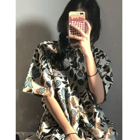 美式复古夏威夷风碎花短袖衬衫女夏季宽松衬衣设计感小众法式上衣图片