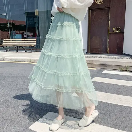 【换购20】春秋季新款网纱裙半身裙中长蛋糕裙仙女韩版木耳边绿色图片